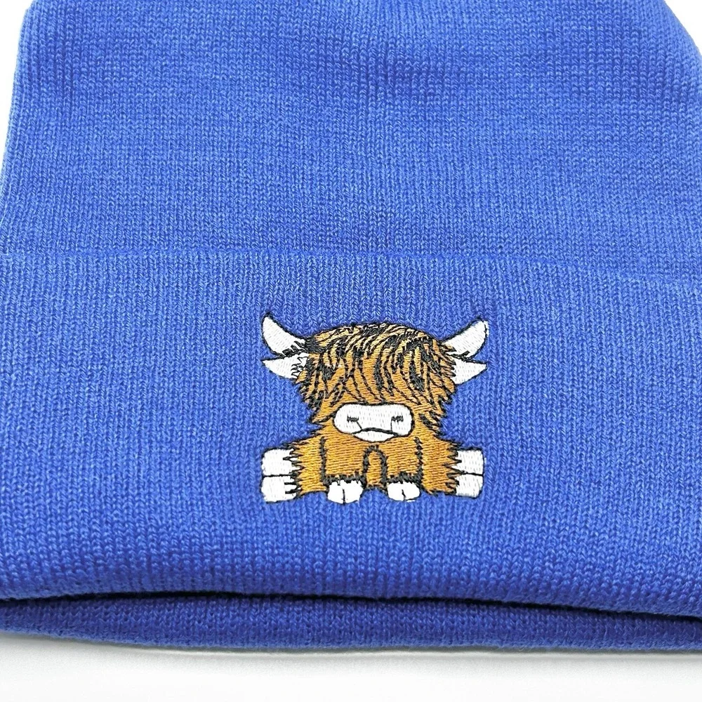 Highland Cow Cattle Cartoon Animal Beanie Hat Cap Knit Cuff Blue Outdoors